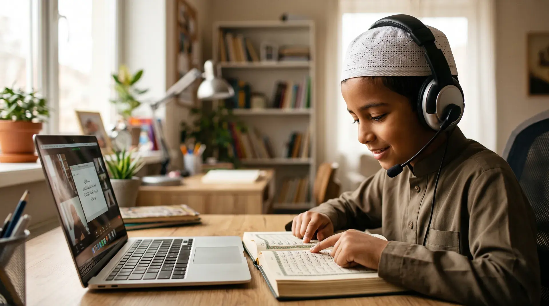 A boy wearing a headset reading the Quran during an online class on a laptop at home